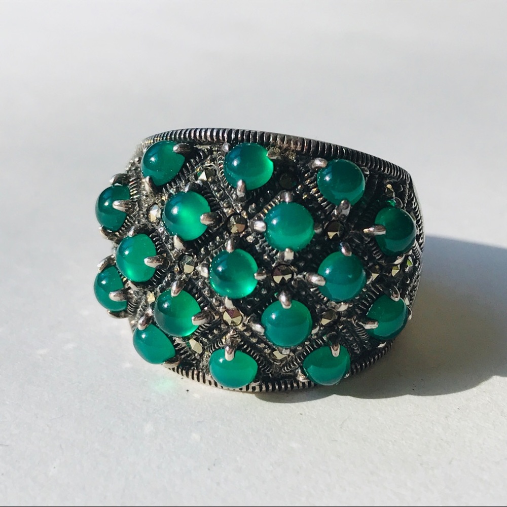 STERLING SILVER RING WITH EMERALD? STONES